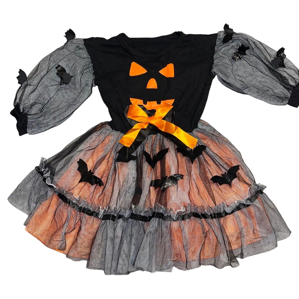 Girls Boutique Pumpkin Bat Halloween Costume Dress Orange Black Tulle Tutu 3T 4T - Picture 1 of 9